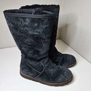 UGG Black Suede Etta Boots Zipper Sides Fur Lined Knee High Women's 10